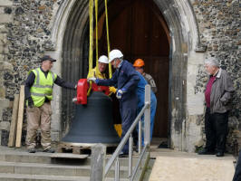 One of the bells being brought to the tower door at Stowmarket.