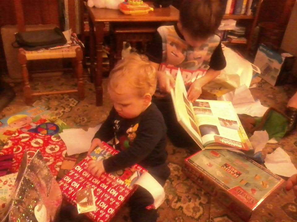 Alfie & Mason ripping into their present's at Chez Ashcroft.