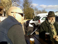 Christopher Munnings & Lawrence Pizzey enjoying a drink outside The Five Bells at Cavendish after ringing.