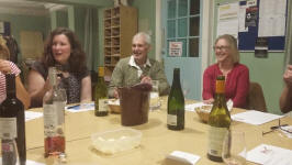 St Mary-le-Tower wine tasting in Church House – l to r; Abby Antrobus, Stephen Cheek & Sue Williamson.
