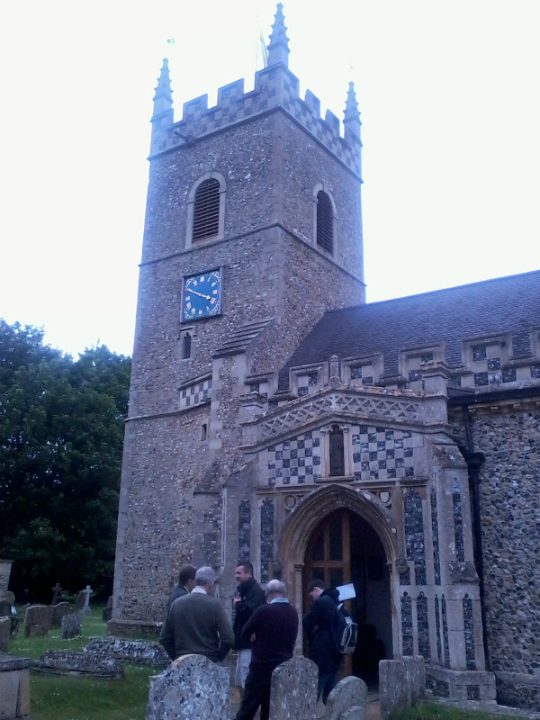 Outside Horringer church waiting to ring for the South-East District in The Rose Trophy.