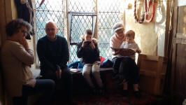 Occupying ourselves in the ringing chamber at Tuddenham St Martin during the wedding ceremony. L to r; Liz McLeod, Mark Ogden, Mason and Delia Hammerton with Alfie.