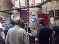 The St Mary-le-Tower band analysing the results of a piece of ringing on Hawkear at The Norman Tower this afternoon.