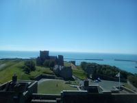 View from the top of Dover Castle, featuring St Mary-in-Castro and in the distance the coast of France.