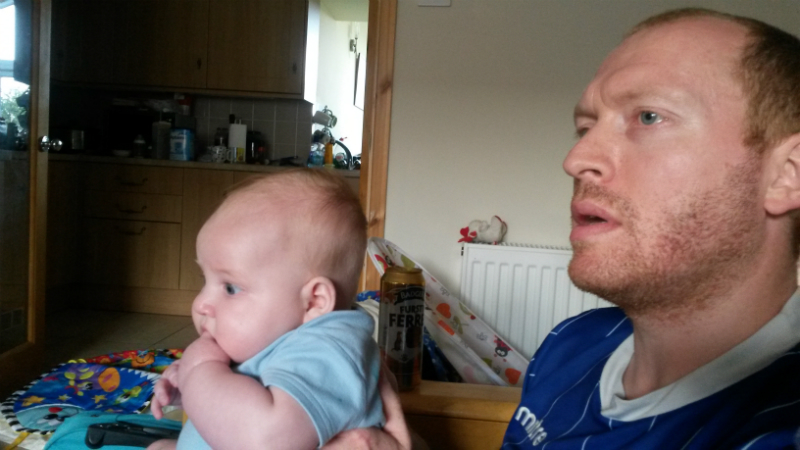 Alfie and me watching Ipswich Town on the TV as we get into injury time..