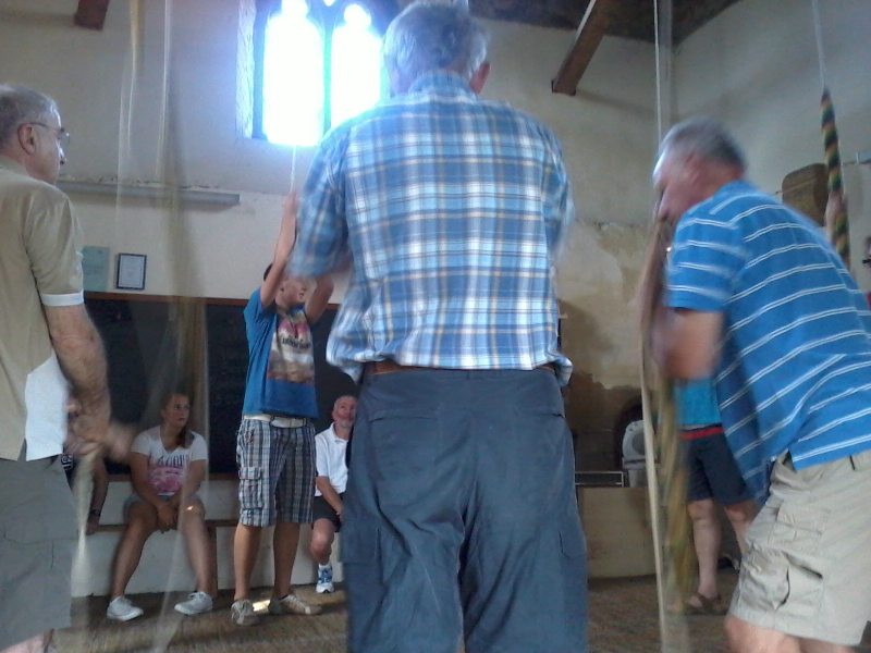 Ringing at Bedale, l to r - Chris Birkby, Thirza de Kok (sat down), Harm Jan de Kok, Phil Wild (sat down), Geoff Pick's back & Paul de Kok.