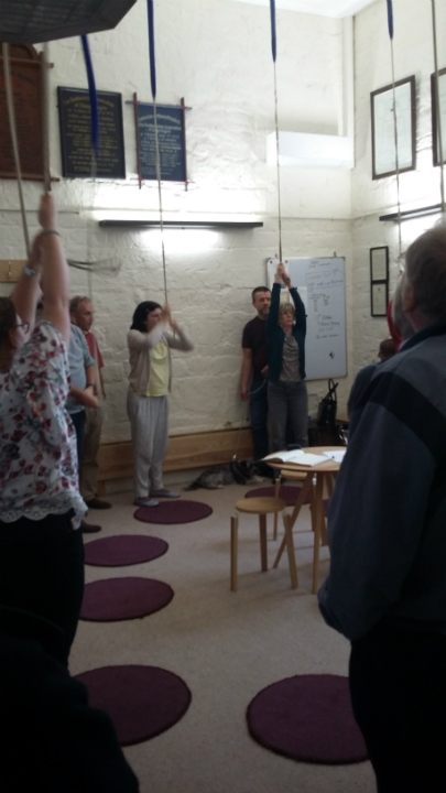 Ringing at Biggleswade – l to r; Lucy Williamson on 8th, Ian Culham on tenor, David Stanford, Pippa Moss on treble, Friday the dog, Ralph Earey, Tessa Earey on 2nd & Alan Munnings.