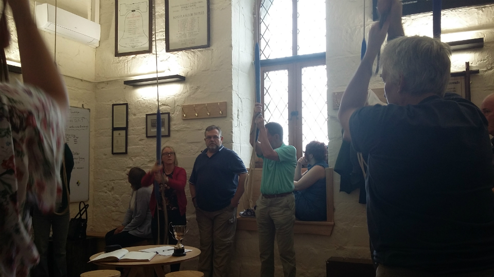 Ringing at Biggleswade – l to r; Helen Carter, Sue Williamson on 3rd, Jonathan Williamson, Brian Whiting on 4th, Abby Antrobus in the window & Rowan Wilson on 7th.
