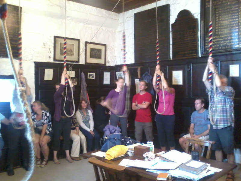 Ringing at Bradford Cathedral, l to r - Katharine Thorley, Ellie Maude (sat down), Janet Dew, Jill Birkby (sat down), Ruthie (sat down with Alfie), Katherine Crabtree, Stephen Croxall, Helen Rigby, Andrew Mills (sat down) & Geoff Pick.