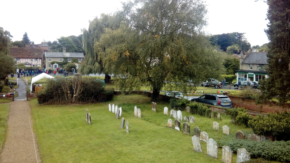 View of crowds in Grundisburgh waiting for Tour of Britain to come through, from window of ringing chamber.