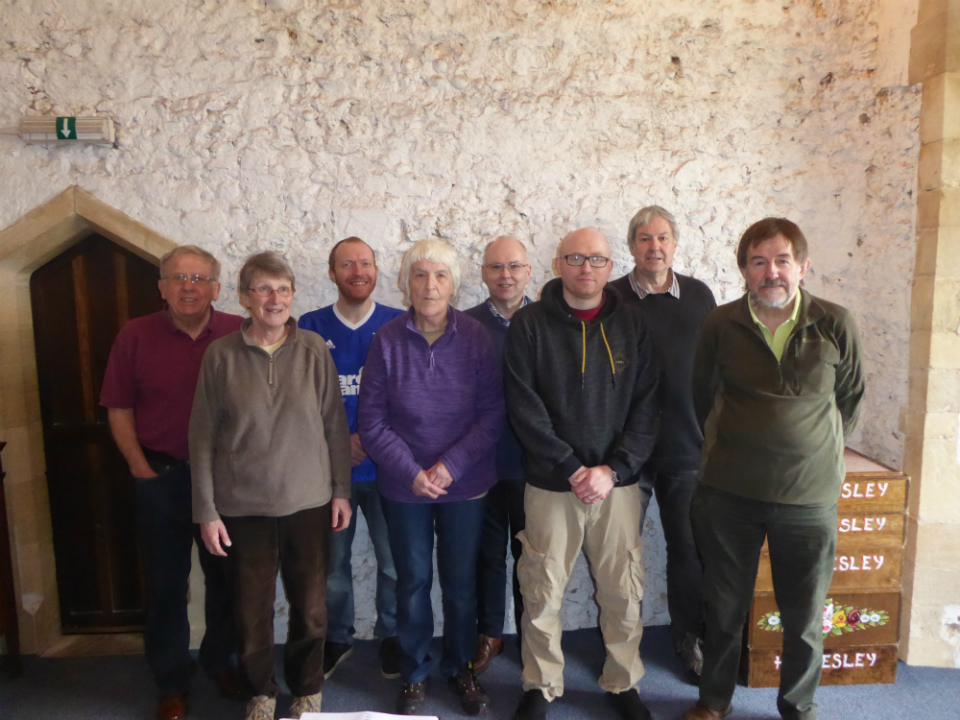 Hollesley Peal Band. left to right – Peter Harper, Mary Garner, Richard Munnings, Mary Dunbavin, Mark Ogden, Christopher Munnings, Simon Rudd & Brian Whiting.