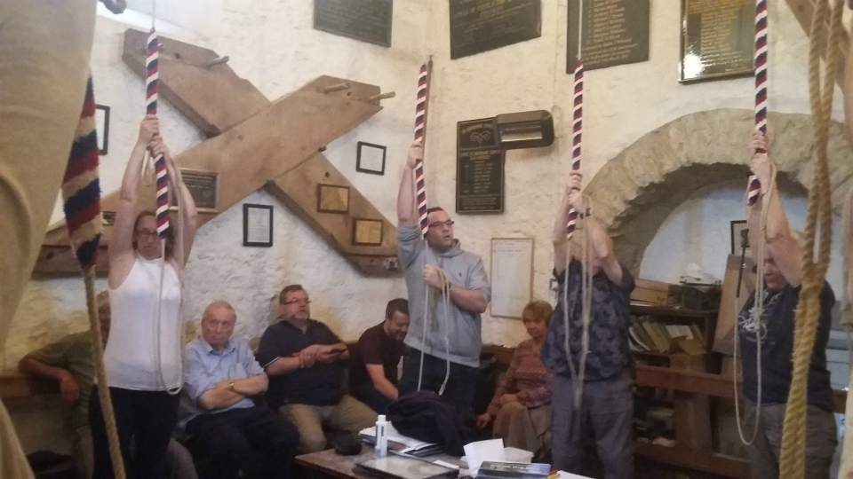 Ringing at Kempston – l to r; Stephen Cheek, Helen Carter on 7th, Alan Munnings, Jonathan Williamson, Ralph Earey, Ian Culham on 8th, Sally Munnings, Jed Flatters on 9th &amp; Rowan Wilson on tenor.