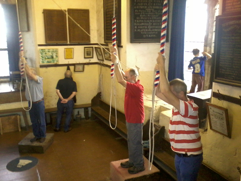 Ringing at Lavenham on the Pettistree outing. Treble Elaine Townsend, 2nd Pippa Moss, 3rd Mary Garner, 4th Jane Harper, 5th Anne Buswell, 6th Ray Lewis, 7th Chris Garner & Tenor Mike Whitby 