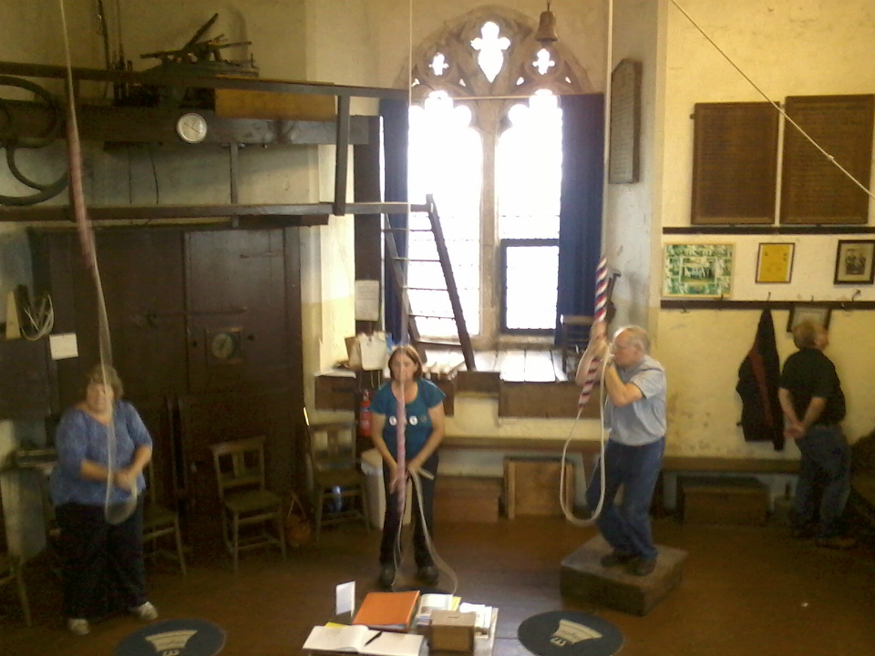 Ringing at Lavenham on the Pettistree outing. Treble Elaine Townsend, 2nd Pippa Moss, 3rd Mary Garner, 4th Jane Harper, 5th Anne Buswell, 6th Ray Lewis, 7th Chris Garner & Tenor Mike Whitby.