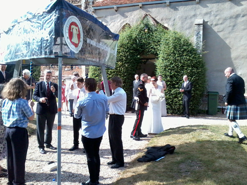 The new Mr & Mrs Culham come out of Lawford church to ringing on The Vestey Ring.