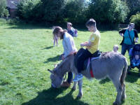 Mason riding a donkey.