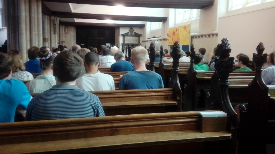 Gathered in the church waiting for the results.