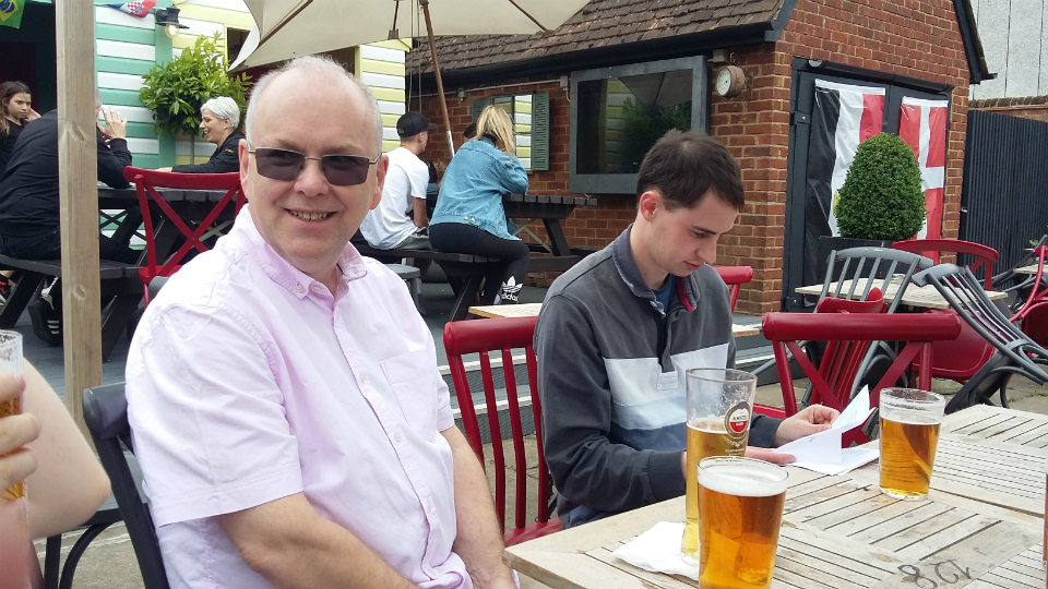 Some of the Suffolk Guild band (+ friends) in the beer garden of the Blacksmiths Arms after ringing.