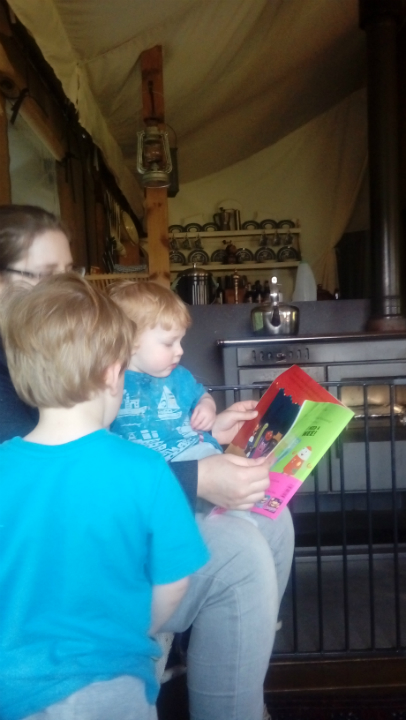 Story time in our tent with Ruthie, Alfie & Joshua.