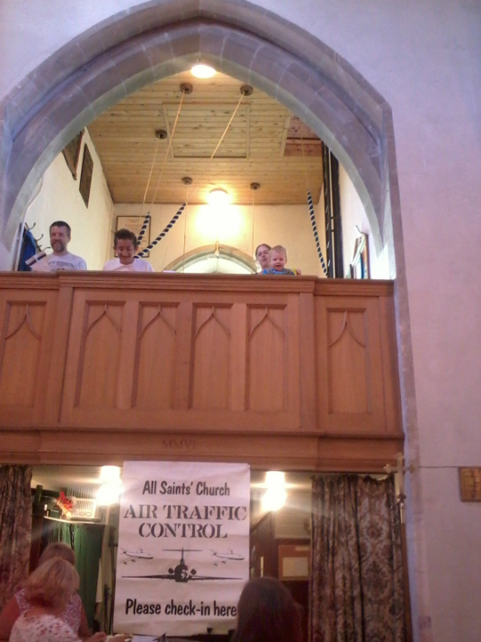 Ruthie and Alfie flying paper aeroplanes from the ringing chamber at Sproughton.