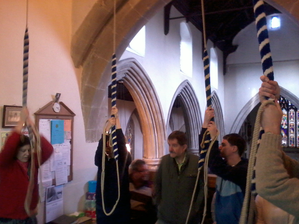 Ringing at Sproughton for the South-East District Practice - Pippa Moss on the treble, Jo Gray on the 2nd, Tom Scase on the 3rd, Jonathan Williamson and Brian Whiting watching on.