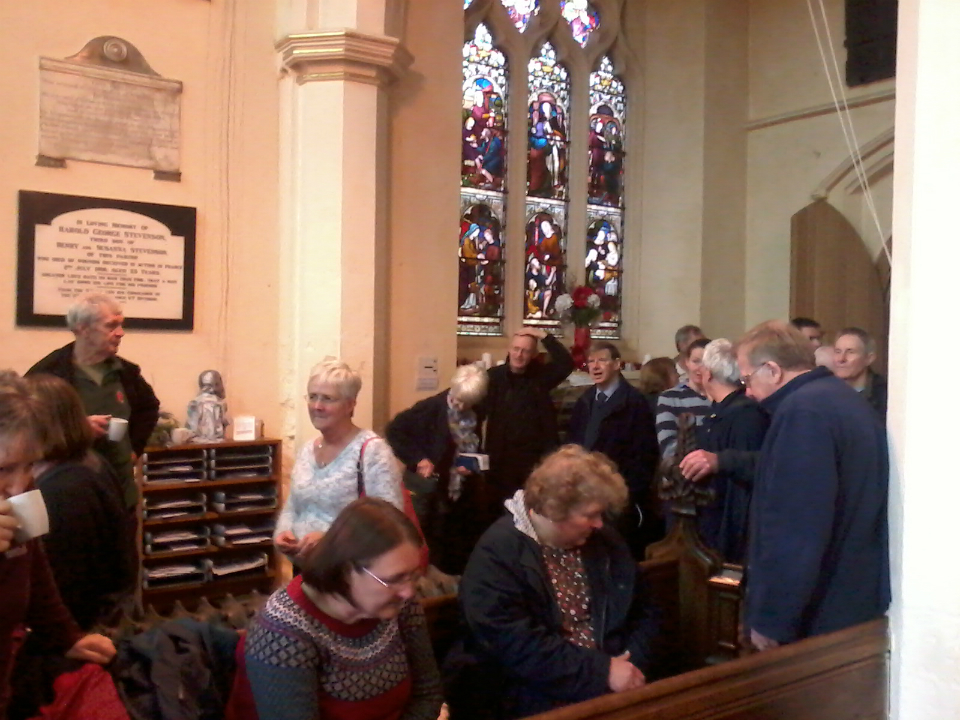 Everyone gathered post-ringing in St Margaret's church for mince pies, biscuits, tea & coffee.