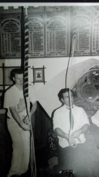 One of the old photos on show at St Mary-le-Tower today. Chris Munnings (on tenor) & Owen Claxton (on treble) ringing at SMLT some time in the mid/late 1990s.