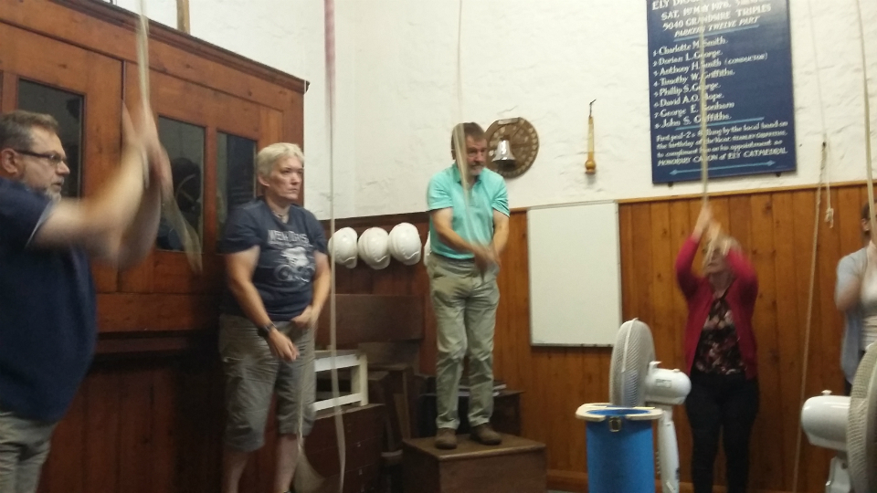 Ringing at St Neots – l to r; 8th Jonathan Williamson, 9th Rowan Wilson, Tenor Brian Whiting, Treble Sue Williamson &amp; 2nd Helen Carter.