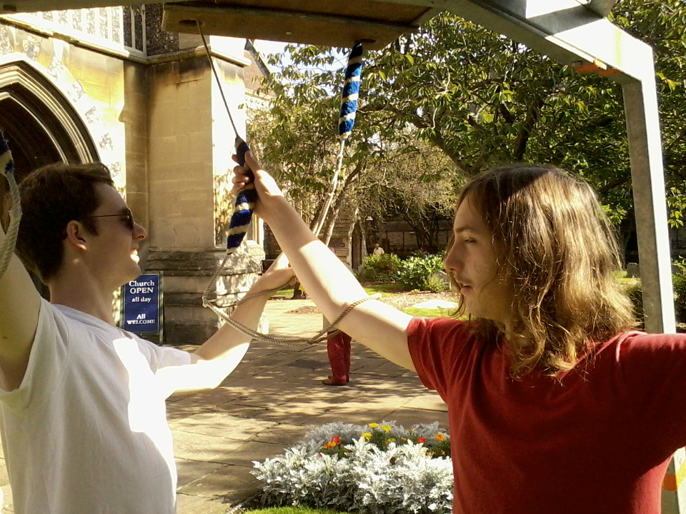 George & Colin Salter playing a form of ringing 'twister' on The Vestey Ring outside St Mary-le-Tower.