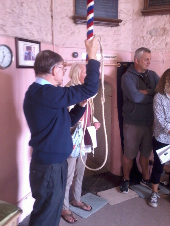 Bruce Wakefield on the treble at Woodbridge tower open day, explaining the art to some visitors.