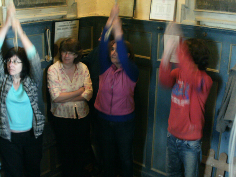 Ringing at Coddenham (l to r Pippa Moss, Tracey Scase, Mervyn Scase - hidden - Anne Buswell & George Salter).