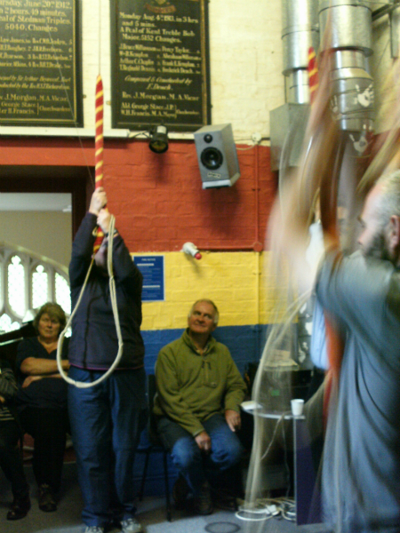 Ringing in the colourful ringing chamber of St Andrew's, Cambridge.