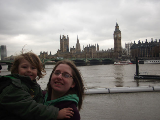 Mason & Ruthie outside the Houses of Parliament and Westminster Abbey.
