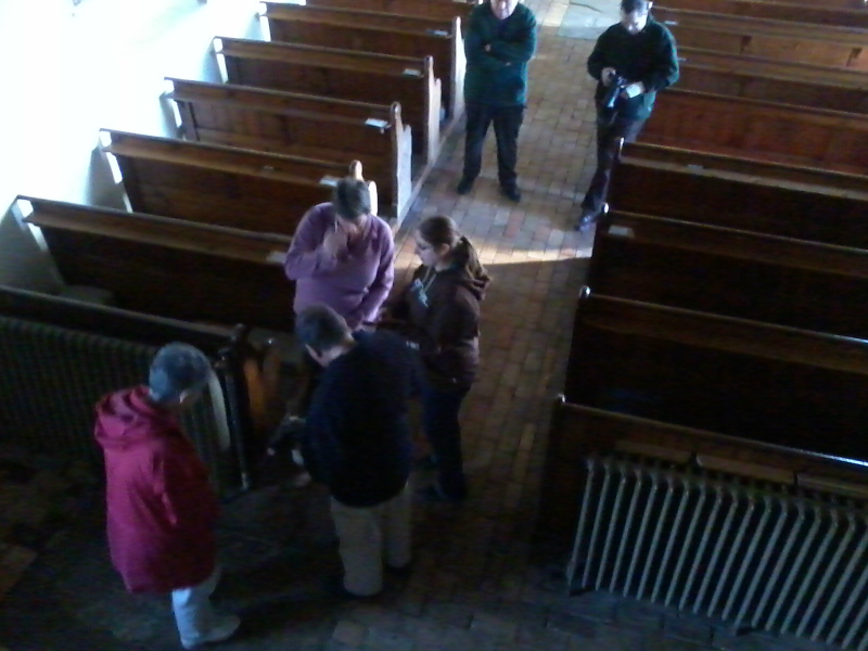 Alan Munnings, Mervyn Scase, Kate Eagle, Ruth Munnings, Jenny Warren, Mike Warren & Mia the dog downstairs at Marlesford.