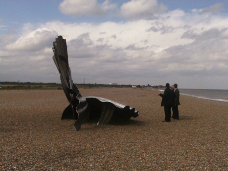 The Scallop, with Sizewell Power Station and Thorpeness in the distance.